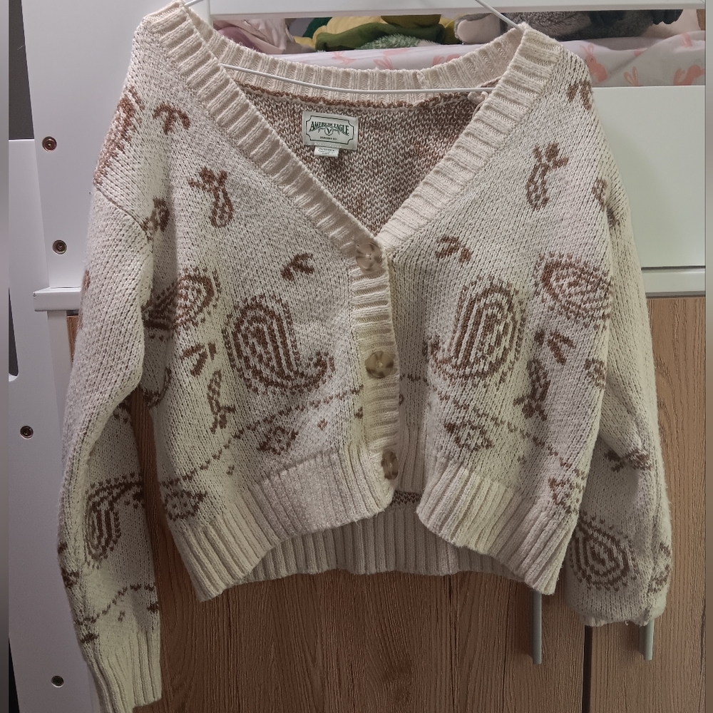 American Eagle Outfitters Cream and Brown Paisley Cardigan